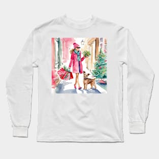 Girl and her dog going Christmas shopping Long Sleeve T-Shirt